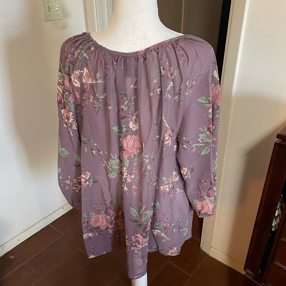 Chaps Ralph Lauren floral Blouse purple green cream sz 1X V Neck quarter sleeve - Picture 11 of 16